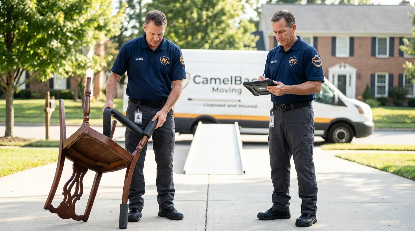 Movers inspecting furniture for damage prevention before loading in Chapmanville, WV